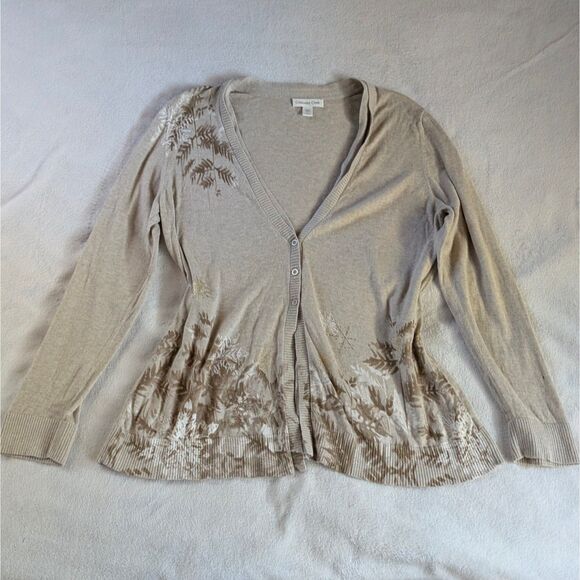 Snowflake Print Cardigan Sweater Women's Large Beige Brown 3 Button Rabbit Hair - Picture 2 of 9